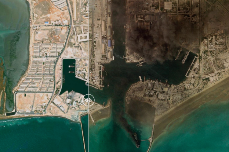 La base naval de Bandar Abbas, en el estrecho de Ormuz, antes y después del inicio de la guerra